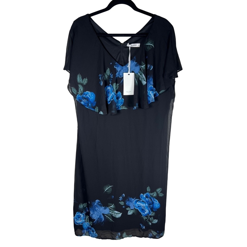 Grace Karin Women Black Blue Floral Ruffle V-Neck Cocktail Dress 2XL NWT